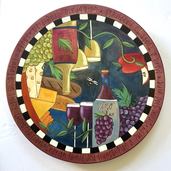 Sticks Handmade Lazy Susan 20" Wine and Cheese Wood Burned Hand Painted - Picture 2 of 10